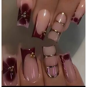 Trendy Press On Nails Burgundy French TipGoldAccent Square Full Cover False 24pc